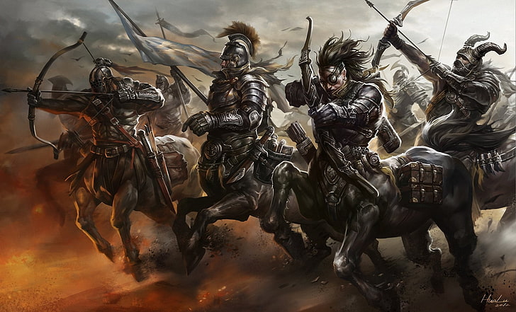archer, army, art, banner, centaurs, fantasy, movement, onions, running, weapon, HD wallpaper