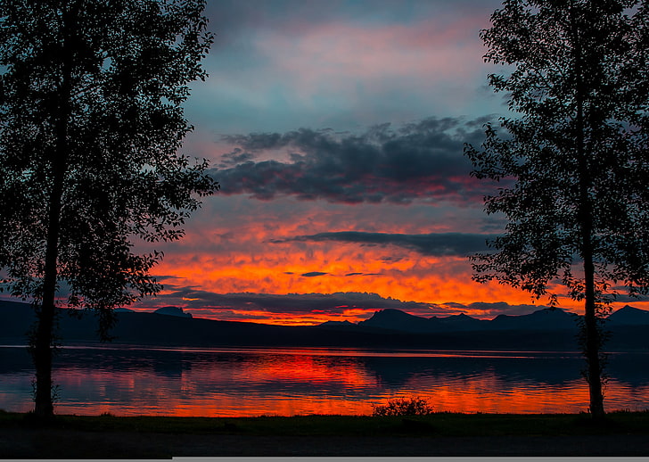 trees, sunset, mountains, lake, twilight, HD wallpaper