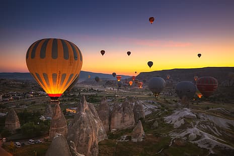 manzara, doğa, sıcak hava balonları, Kapadokya, Türkiye, gökyüzü, kayalar, gün batımı, HD masaüstü duvar kağıdı HD wallpaper