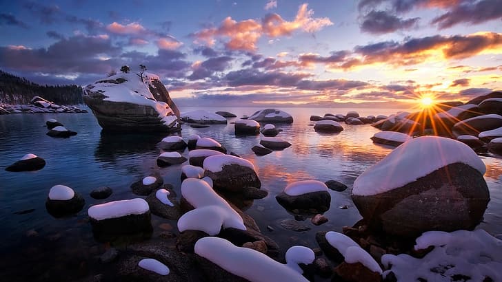 hiver, soleil, rayons, lumière, neige, nature, pierres, USA, lac Tahoe, Fond d'écran HD