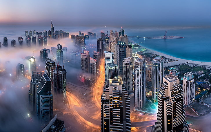 gray high-rise building, landscape, nature, skyscraper, lights, building, mist, Dubai, sea, bay, HD wallpaper