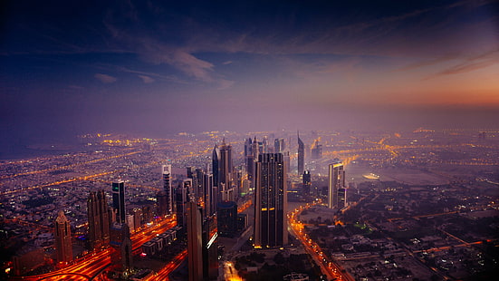 dubai, united arab emirates, emirates, uae, skyline, skyscraper, tower block, cityscape, metropolis, sky, dusk, evening, asia, aerial view, downtown, HD wallpaper HD wallpaper