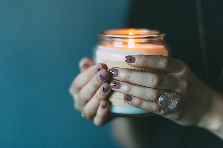 clear votive candle, hands, candle, manicure, HD wallpaper