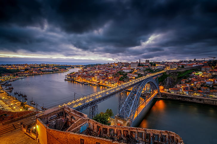 ponte, rio, portugal, cidade noturna, Vila Nova de Gaia, Porto, porto, rio Douro, rio Douro, ponte Dom Luís I, ponte de Dom Luis I, HD papel de parede