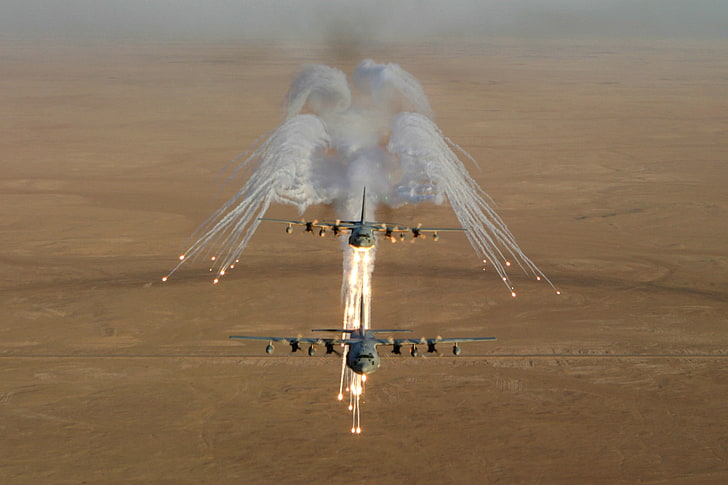 two airplanes, flares, Lockheed C-130 Hercules, military, HD wallpaper