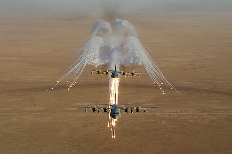 dos aviones, bengalas, Lockheed C-130 Hércules, militar, Fondo de pantalla HD HD wallpaper