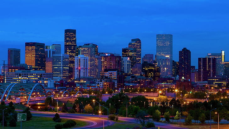 USA, Denver, Colorado, buildings, skyline, night, lights, USA, Denver, Colorado, Buildings, Skyline, Night, Lights, HD wallpaper