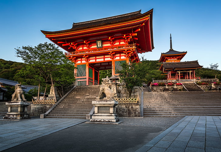orange concrete temple, gate, Japan, temple, Kyoto, Kiyomizu-dera Temple, The Gate Of The Nio, Deva gate, The Kiyomizu-Dera temple, HD wallpaper