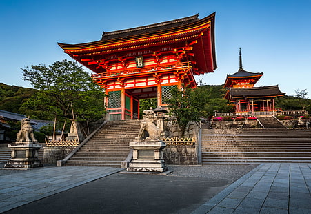 orange concrete temple, gate, Japan, temple, Kyoto, Kiyomizu-dera Temple, The Gate Of The Nio, Deva gate, The Kiyomizu-Dera temple, HD wallpaper HD wallpaper