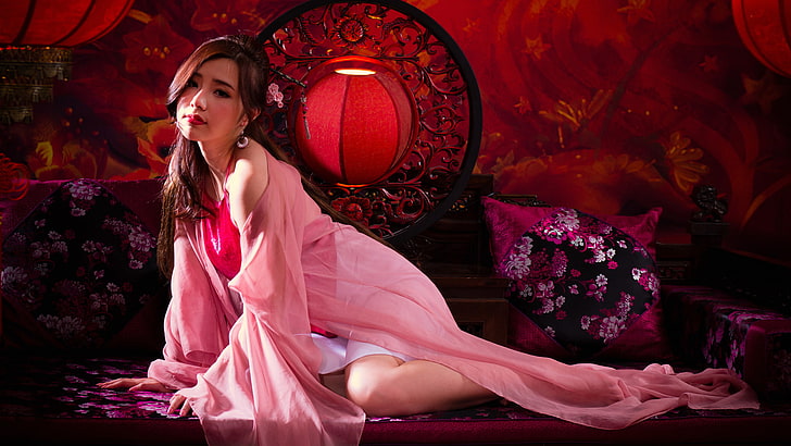 girl, red, background, color, lantern, Asian, shawl, Chinese, HD wallpaper