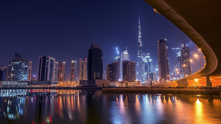 natt, Förenade Arabemiraten, Dubai, Asien, arkitektur, vatten, himmel, centrum, tornblock, stadsbild, bukt, Burj Khalifa, skyskrapa, metropol, horisont, stad, reflektion, storstadsområde, HD tapet