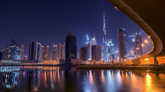noc, zjednoczone emiraty arabskie, dubaj, azja, architektura, woda, niebo, śródmieście, wieżowiec, pejzaż miejski, zatoka, burj khalifa, drapacz chmur, metropolia, sylwetka na tle nieba, miasto, odbicie, obszar metropolitalny, Tapety HD HD wallpaper