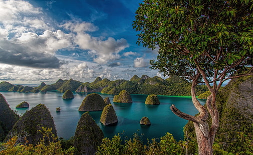 экзотический, тропический, синий, море, остров, пейзаж, белый, бирюза, Раджа Ампат, горы, природа, зеленый, лес, Индонезия, пляж, облака, деревья, HD обои HD wallpaper
