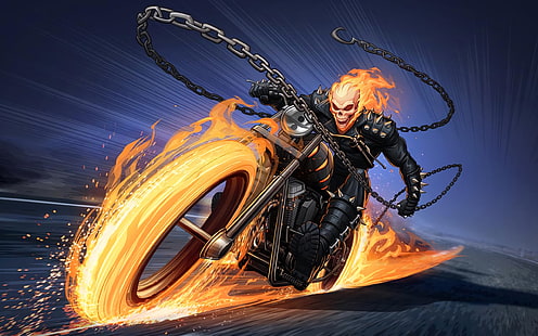  Comics, Ghost Rider, Bike, Chain, Fire, Marvel Comics, HD wallpaper HD wallpaper