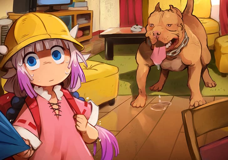 anime girls, Kobayashi-san Chi no Maid Dragon, Kanna, bulldog, HD wallpaper