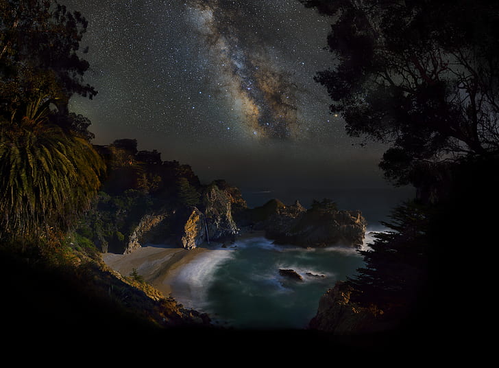Earth, Big Sur, California, น้ำตก McWay, ทางช้างเผือก, ภูเขา, กลางคืน, ท้องฟ้า, ท้องฟ้าเต็มไปด้วยดวงดาว, ดวงดาว, น้ำตก, วอลล์เปเปอร์ HD