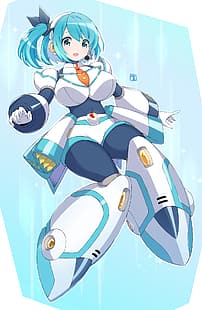 anime, anime girls, Mega Man X, Rockman X DiVE, RiCO (Rockman X DiVE), långt hår, långa ärmar, blått hår, solo, konstverk, digital konst, fan art, HD tapet HD wallpaper