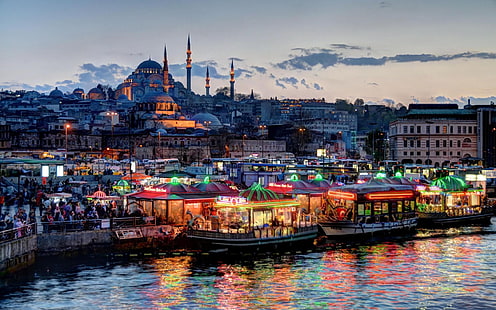 white concrete structures, blue mosque, Istanbul, Turkey, city, boat, cityscape, crowds, mosque, lights, coast, architecture, HD wallpaper HD wallpaper