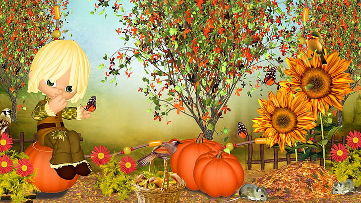 Вълнение от есента, момиче в кафяв гащеризон в градината, реколта, мишки, флер, папилон, есен, листа, ярки, цветя, дървета, поле, дете, сладки, пеперуди, HD тапет