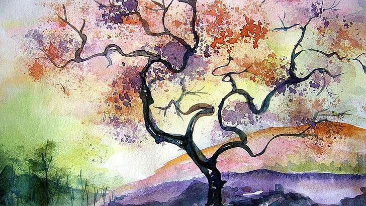 живопис акварел произведения на изкуството топли цветове природа пейзаж дървета цветни хълмове черешов цвят, HD тапет