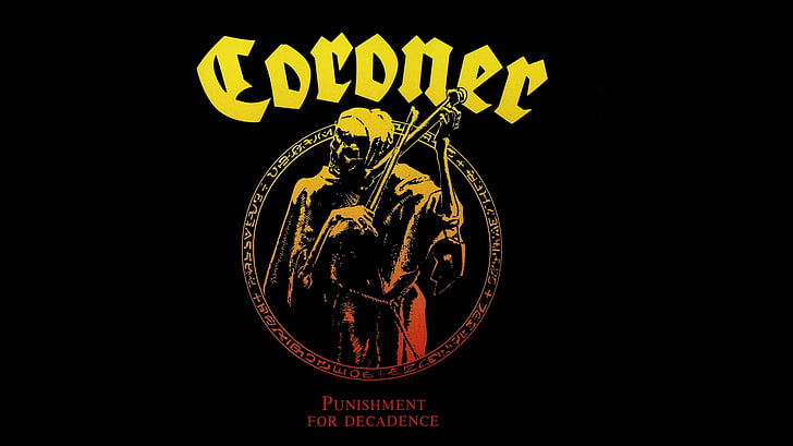 شعار Coroner ، Coroner ، عقوبة الانحطاط ، الهيكل العظمي ، الجمجمة ، معدن الثراش ، أغلفة الألبوم ، غلاف فني ، موسيقى معدنية، خلفية HD