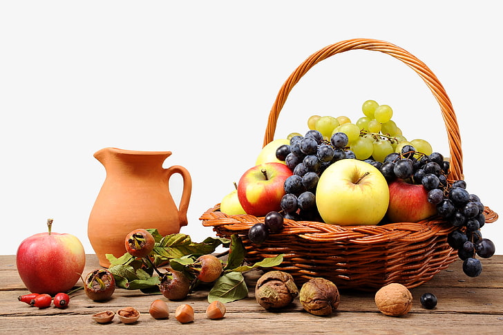 variety of fruits, fruits, grapes, jug, useful, HD wallpaper