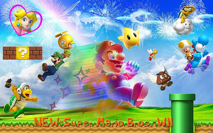 Mario, New Super Mario Bros. Wii, Bowser, Goomba, Koopa Troopa, Luigi, Princesse Peach, Toad (Mario), Yoshi, Sfondo HD