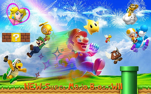 Mario, Super Mario Bros Baru. Wii, Bowser, Goomba, Koopa Troopa, Luigi, Princesse Peach, Kodok (Mario), Yoshi, Wallpaper HD HD wallpaper