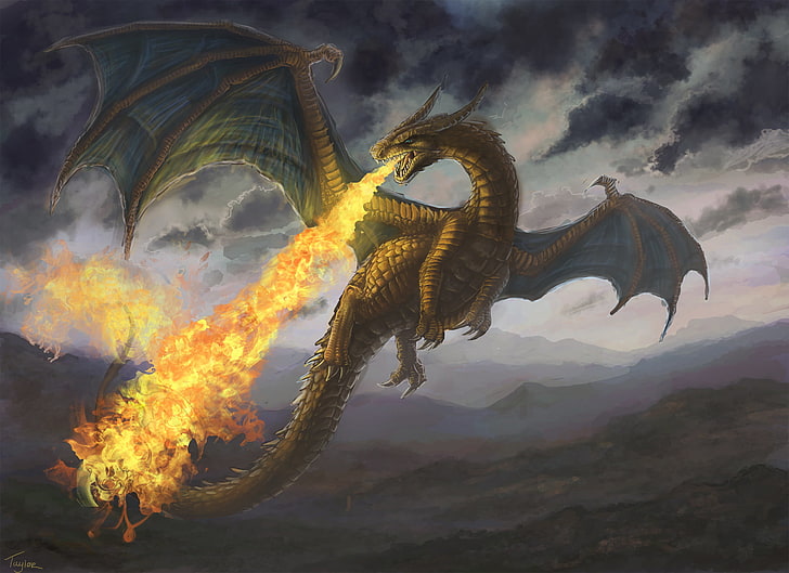 brown dragon spitting fire digital wallpaper, mountains, fire, dragon, HD wallpaper