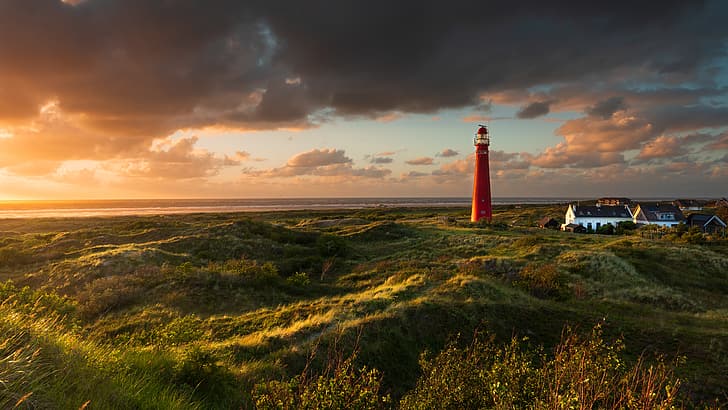 manzara, gün batımı, doğa, deniz feneri, ada, ev, Hollanda, Schiermonnikoog, HD masaüstü duvar kağıdı