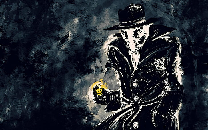 painting of black coated man, Watchmen, Rorschach, artwork, smiley, HD wallpaper