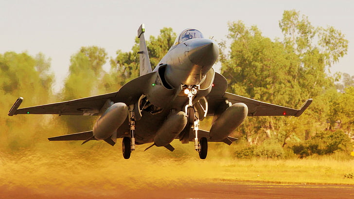 серый самолет собирается приземлиться возле деревьев под белым небом в дневное время, JF-17, Thunder, многоцелевой боевой самолет, ВВС Пакистана, HD обои