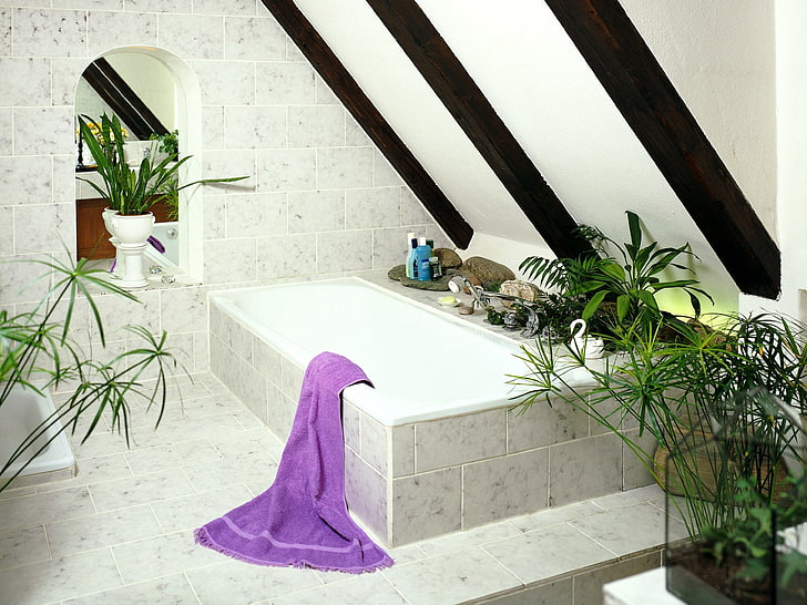 purple towel, bathroom, furniture, towels, comfort, HD wallpaper