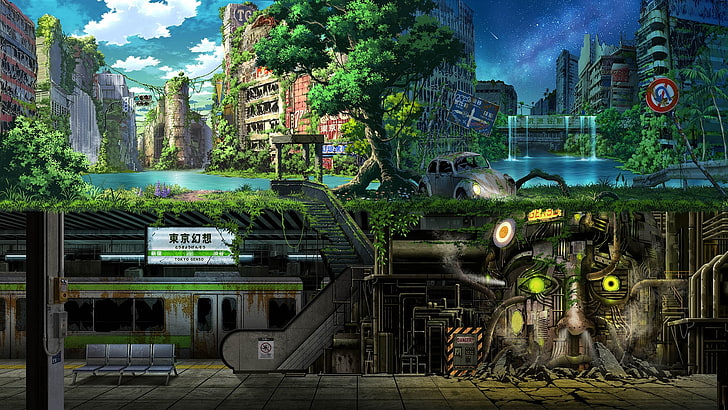 аниме апокалипсис, руины, зеленые, живописные, подземные, аниме, HD обои