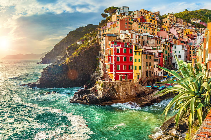 바다, 바위, 연안, 별장, 보트, 이탈리아, 주택들, Riomaggiore, 여행, HD 배경 화면