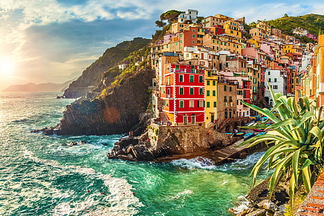 море, скалы, побережье, вилла, лодки, Италия, дома, Риомаджоре, путешествия, HD обои HD wallpaper