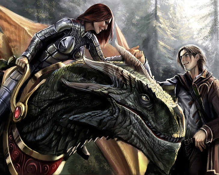 woman riding dragon illustration, guy, girl, dragon, hands, gentleman, HD wallpaper