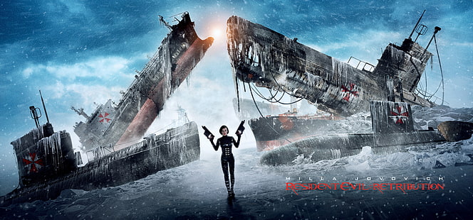 Tapeta filmowa Resident Evil, zima, dziewczyna, śnieg, broń, statki, Resident Evil, Milla Jovovich, Alice, Retribution, .Milla Jovovich, Tapety HD HD wallpaper