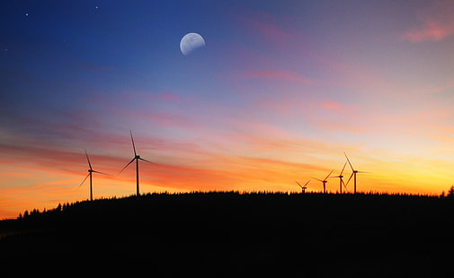 Fazenda de turbinas eólicas, sihouette de moinhos de vento, Natureza, Sol e céu, Fazenda, Vento, Turbina, HD papel de parede HD wallpaper