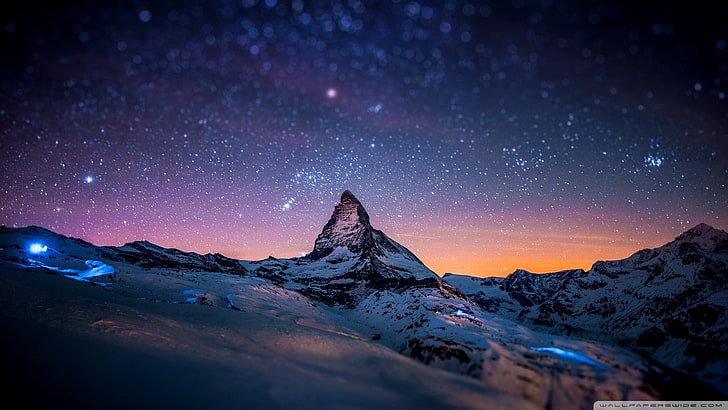 светлина планини пейзажи зима сняг нощ звезди tiltshift небостъргачи 1920x1080 Природа Планини HD Изкуство, Светлина, планини, HD тапет