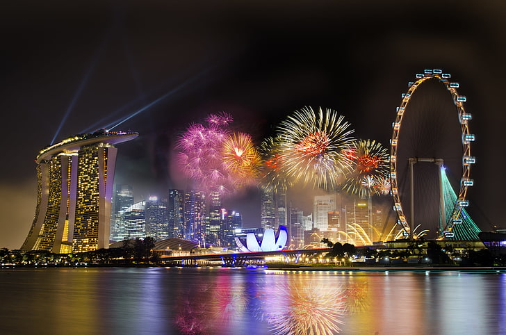 Singapore skyline, the sky, night, the city, holiday, wheel, Singapore, the hotel, fireworks, Ferris, HD wallpaper