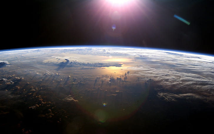 espacio, planeta, destello de lente, rayos solares, atmósfera, Fondo de pantalla HD