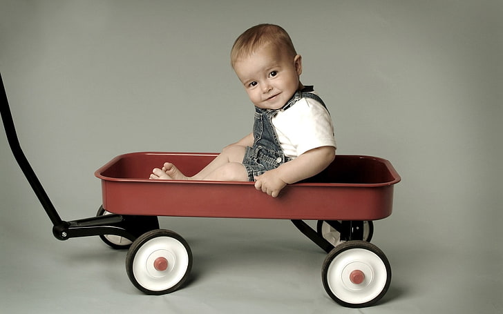 유아의 빨간색과 흰색 풀 마차, 카트, 아기, 재미, 어린이, HD 배경 화면