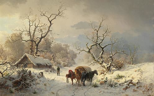  1863, German painter, oil on canvas, The Dusseldorf school of art, Düsseldorf school of painting, Ludwig Munthe, A large winter landscape with horse and cart, Large Winter Landscape with Horse and Cart, Ludvig Munthe, HD wallpaper HD wallpaper
