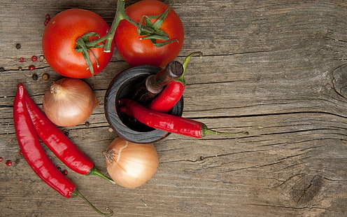 tomater, chilis och lök, peppar, röd, styrelse, lök, tomat, kryddor, HD tapet HD wallpaper