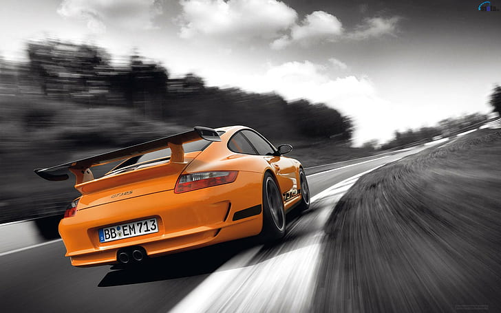 vehículo, automóvil, Porsche, desenfoque de movimiento, Porsche GT3RS, automóviles naranjas, coloración selectiva, Porsche 911 GT3 RS, inclinación holandesa, Fondo de pantalla HD