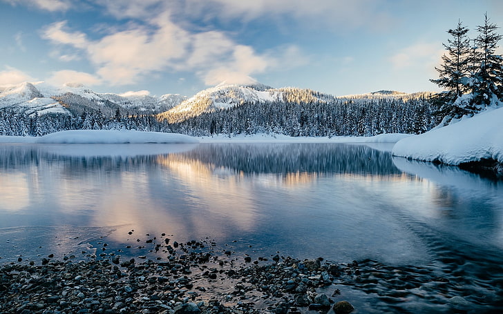 landscape, photography, nature, lake, mountains, forest, morning, sunlight, snow, winter, reflection, Washington state, HD wallpaper