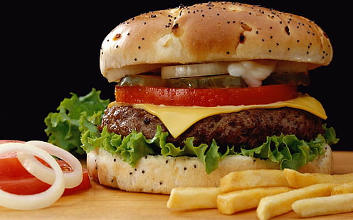 batatas fritas de hambúrguer e batata, comida, fast food, carne, batatas fritas, HD papel de parede HD wallpaper