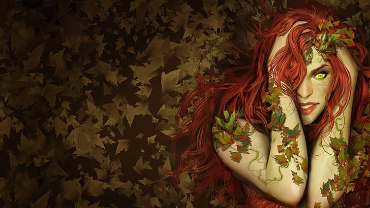 autumn, leaves, girl, red, comic, green-eyed, DC Comics, Poison Ivy, Pamela Lillian Isley, by nebezial, superzlodei, HD wallpaper