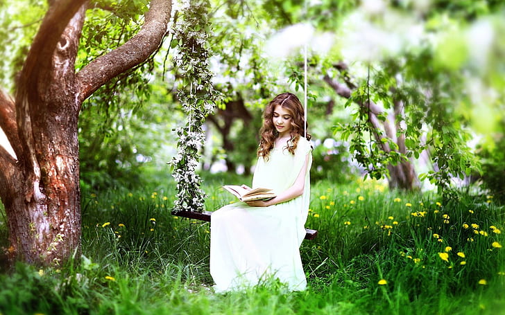 Erba, albero, primavera, abito bianco ragazza leggere libro, erba, albero, primavera, bianco, vestito, ragazza, leggere, libro, Sfondo HD